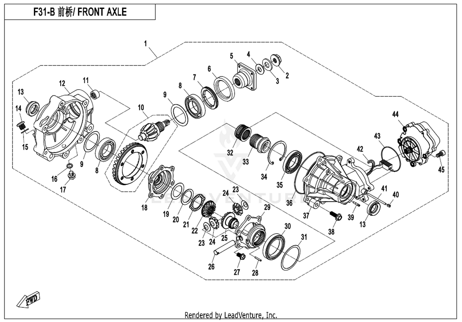 CFMOTO X8 2019 Front Axle(Two Differential Center Gear) exploded diagram