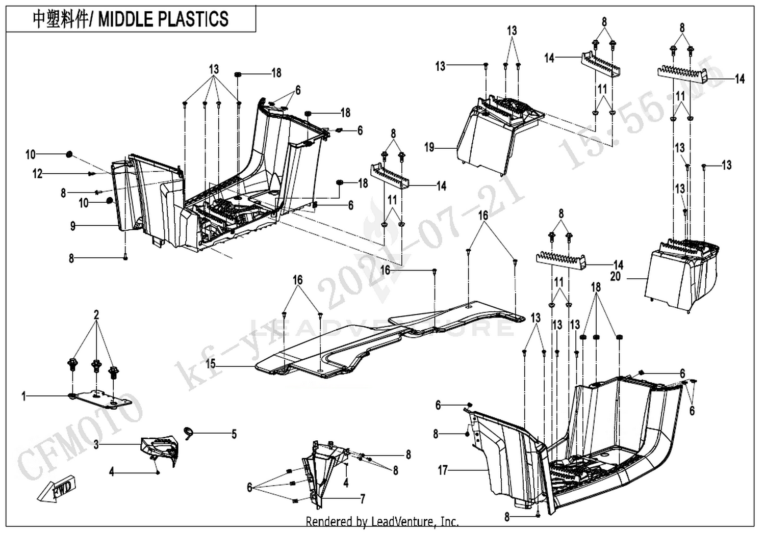 CFORCE 625 TOURING OVERLAND 2026 Middle Plastics(With Gearshift Lock) exploded diagram