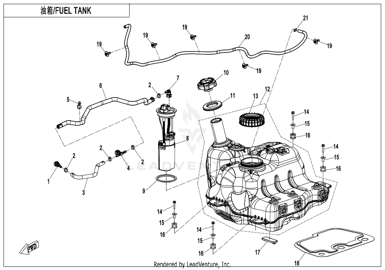 CFORCE 1000 MV 2026 Fuel Tank exploded diagram